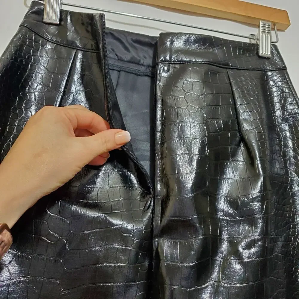 Oak + Fort | Snakeskin Pattern Patent Leather Raw Hem A-Line Miniskirt